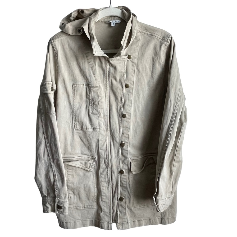 Cabi Hooded Barn Coat Utility Jacket Beige Canvas Outdoor Fall Staple SZ S‎